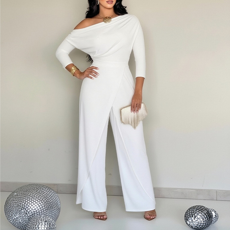 Women's One-Shoulder Wide-Leg Jumpsuit Solid Color High Waist Long Sleeve