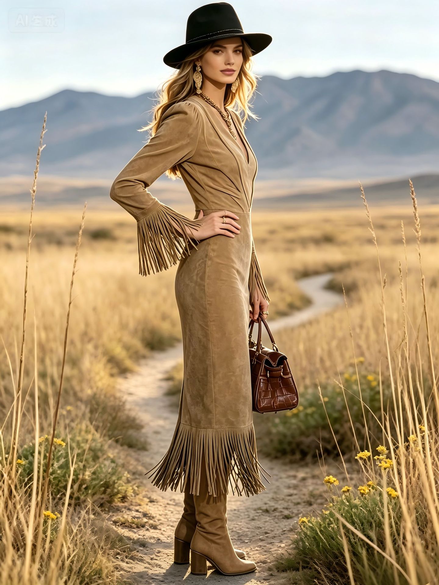 Retro Western Cowgirl Fitted Long Sleeve Fringe Dress