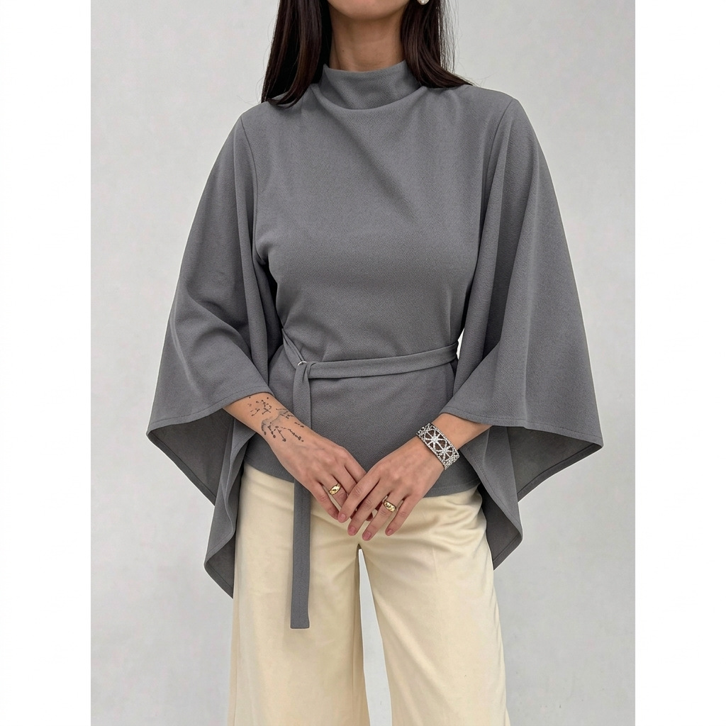 Women's Round Neck Batwing Sleeve Wrap Top Solid Color Waist-Cinching Elegant