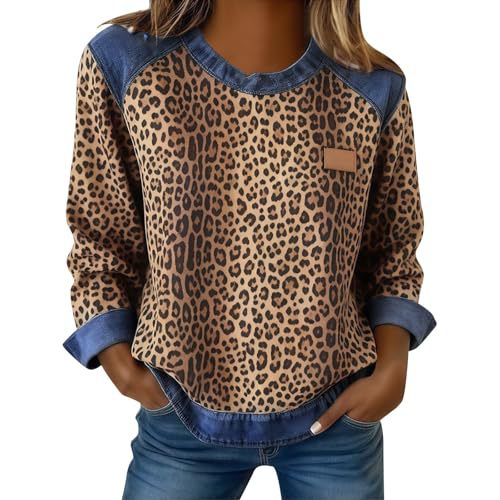 Women's Leopard Print Crewneck Sweatshirt Waffle Knit Long Sleeve