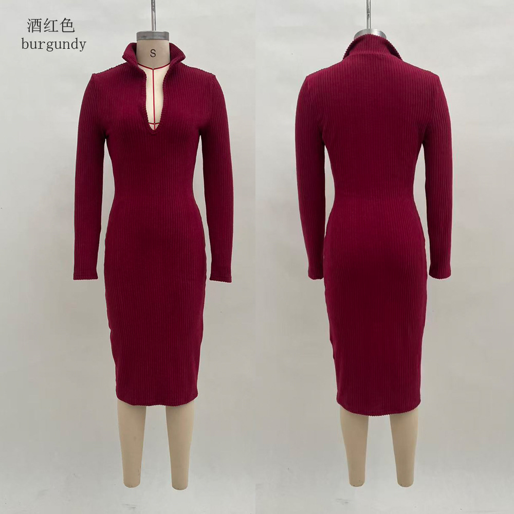 French-Style High-Neck Long-Sleeve Bodycon Dress with Waist Detail