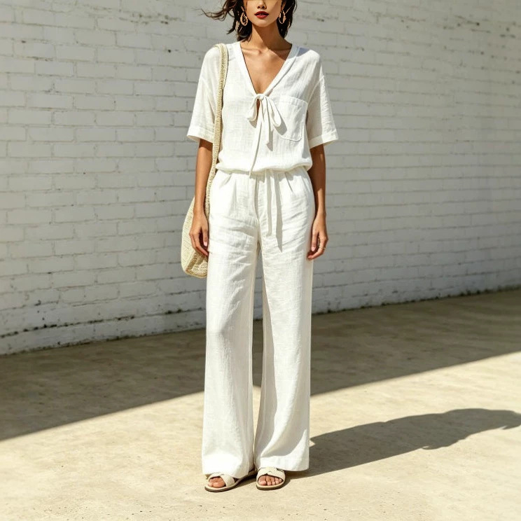 Women's Summer V-Neck Half-Sleeve Tie-Waist Casual Pants Set