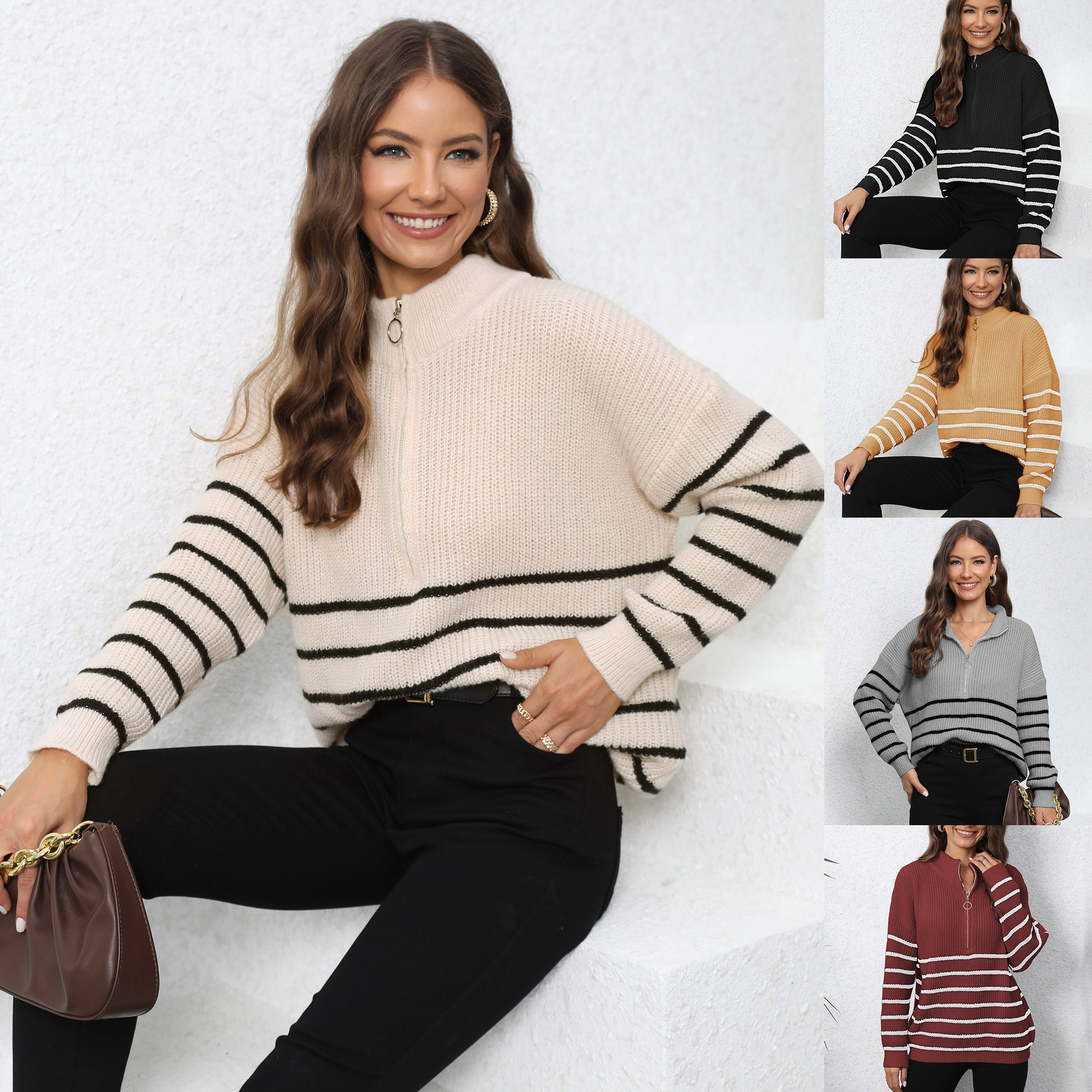 Women's Striped Half-Zip Turtleneck Pullover Sweater