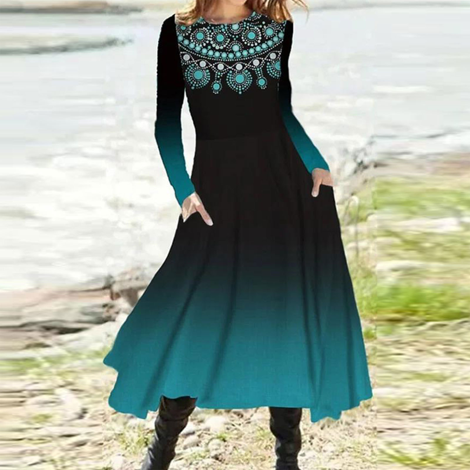 Gradient Print Long Sleeve Midi Dress with Pockets