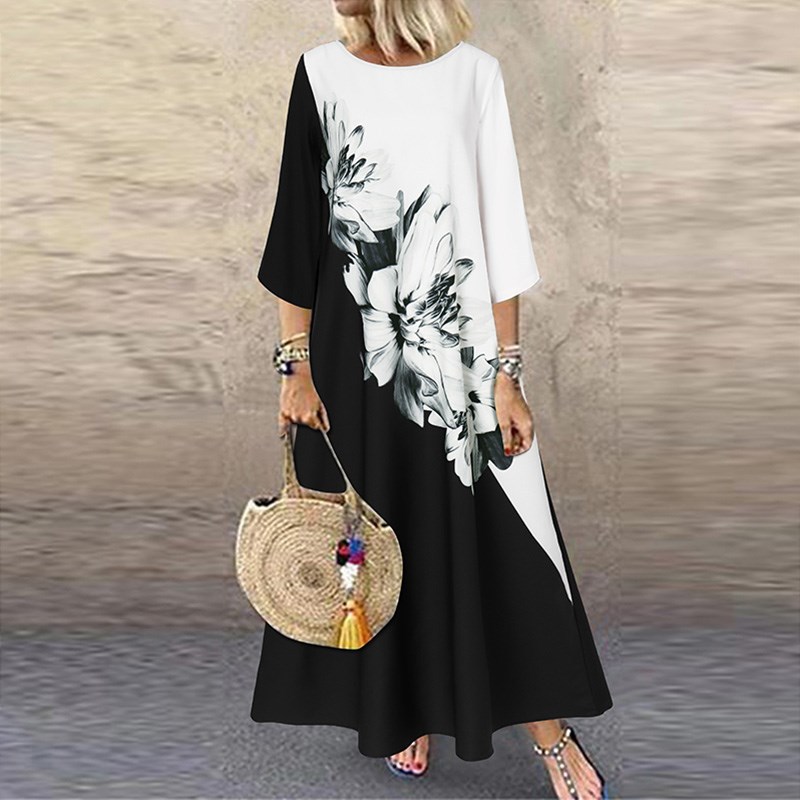 Women's Printed Midi Dress with Round Neck and Short Sleeves