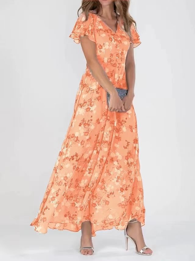 Women's Floral Chiffon Maxi Dress with V-Neck, Short Sleeves, Ruffle Trim, and Cinched Waist
