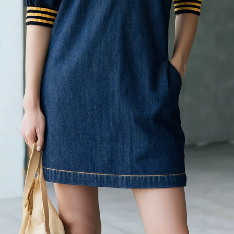 Retro Striped Ribbed Dark Blue Denim Mini Skirt