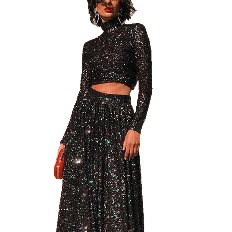 Elegant High Neck Long Sleeve Sequin Maxi Dress for Women