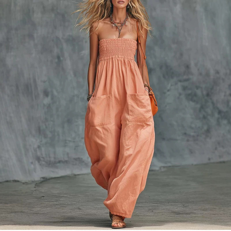 Strapless Orange-Pink Cotton Jumpsuit for Casual Vacation