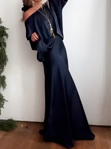 Women's Satin Bodycon Long Dress with Off-Shoulder Neckline and Flutter Sleeves