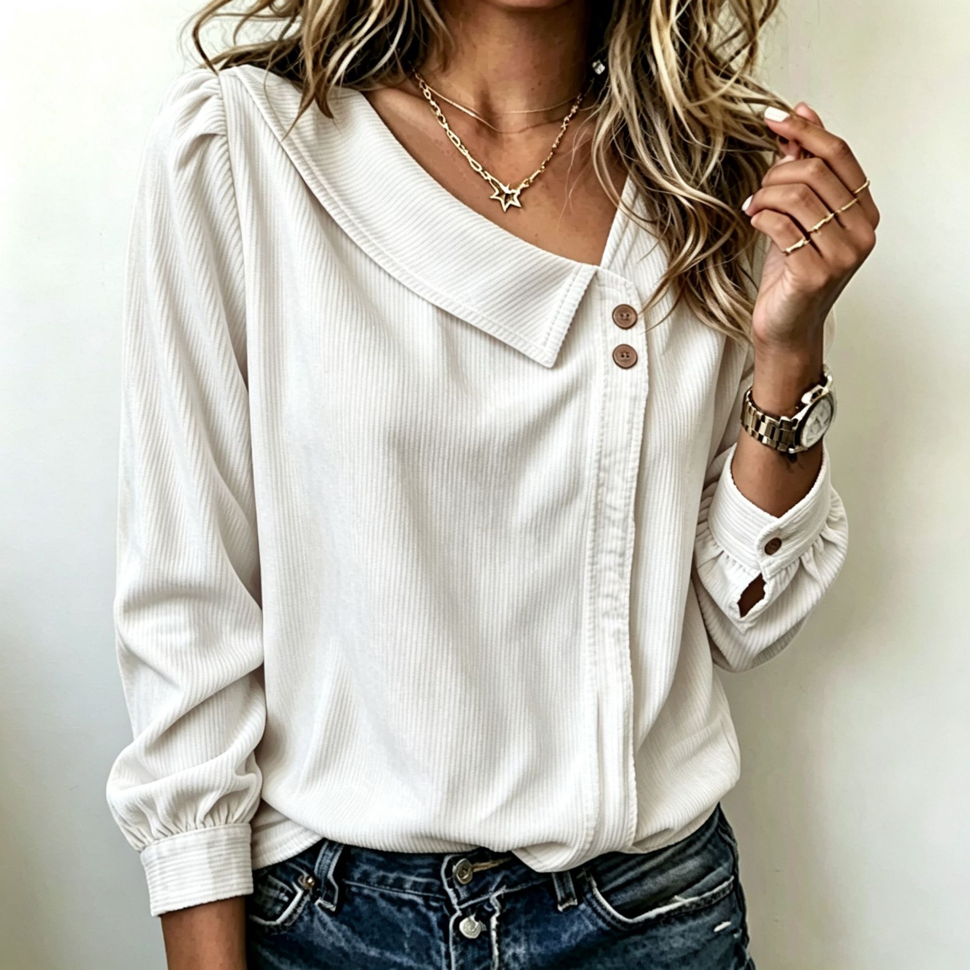 Corduroy Shirt Asymmetrical Slant Neck Long Sleeve Loose Casual Top