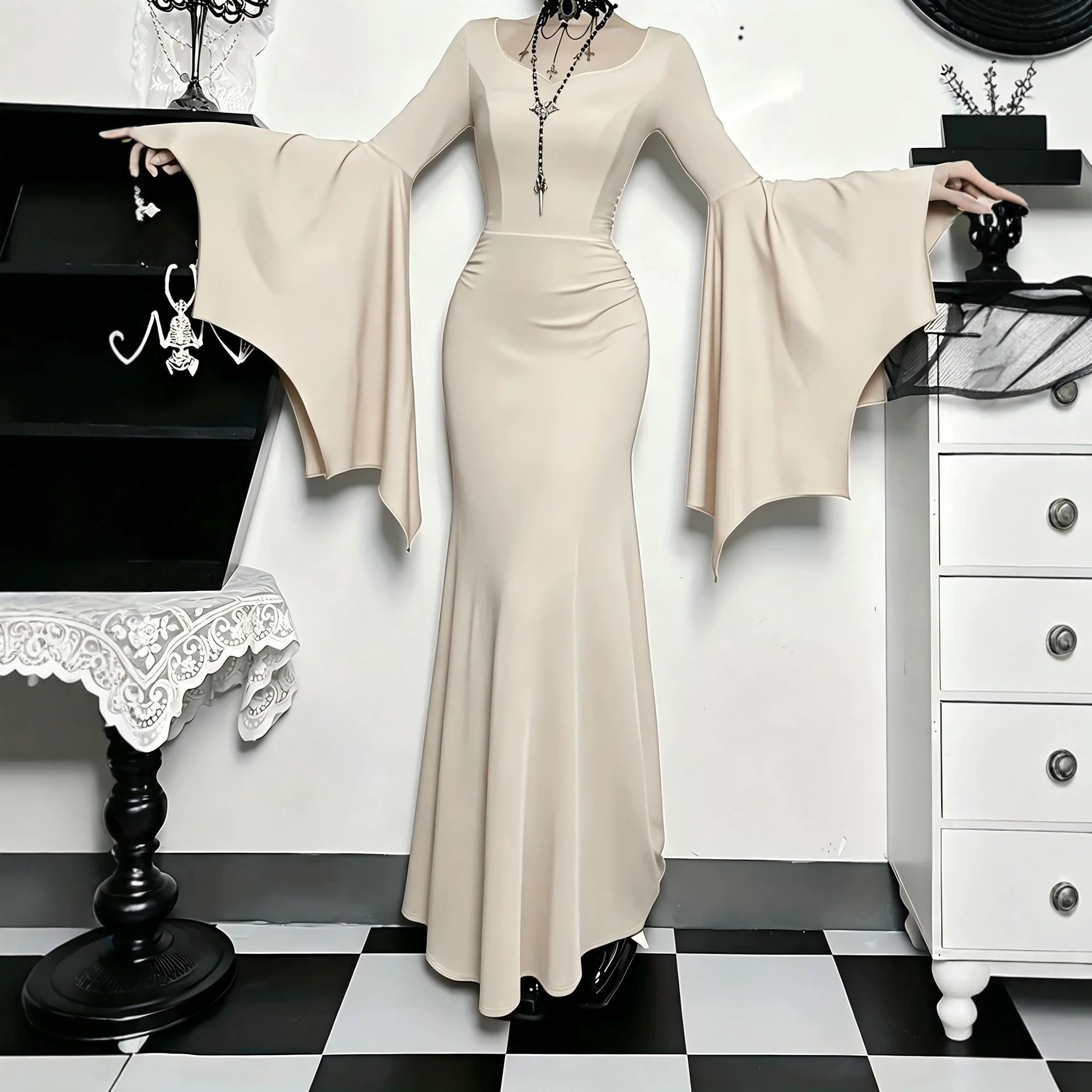 Gothic Bodycon Mermaid Dress with Batwing Sleeves