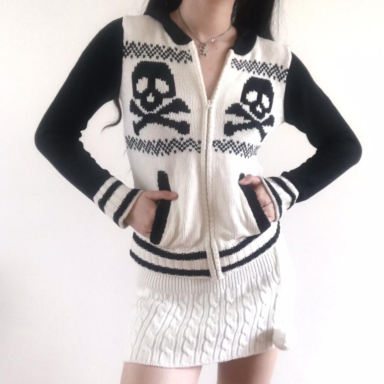 Skull Print Hooded Cardigan Sweater