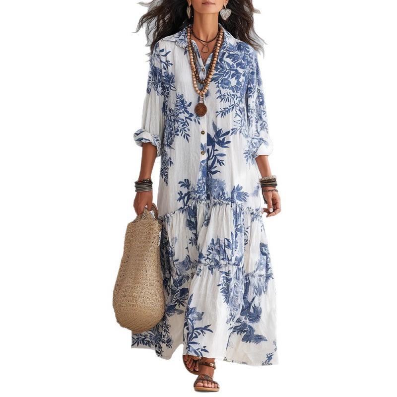 Women's Long Sleeve Collared Boho Floral Print Maxi Dress