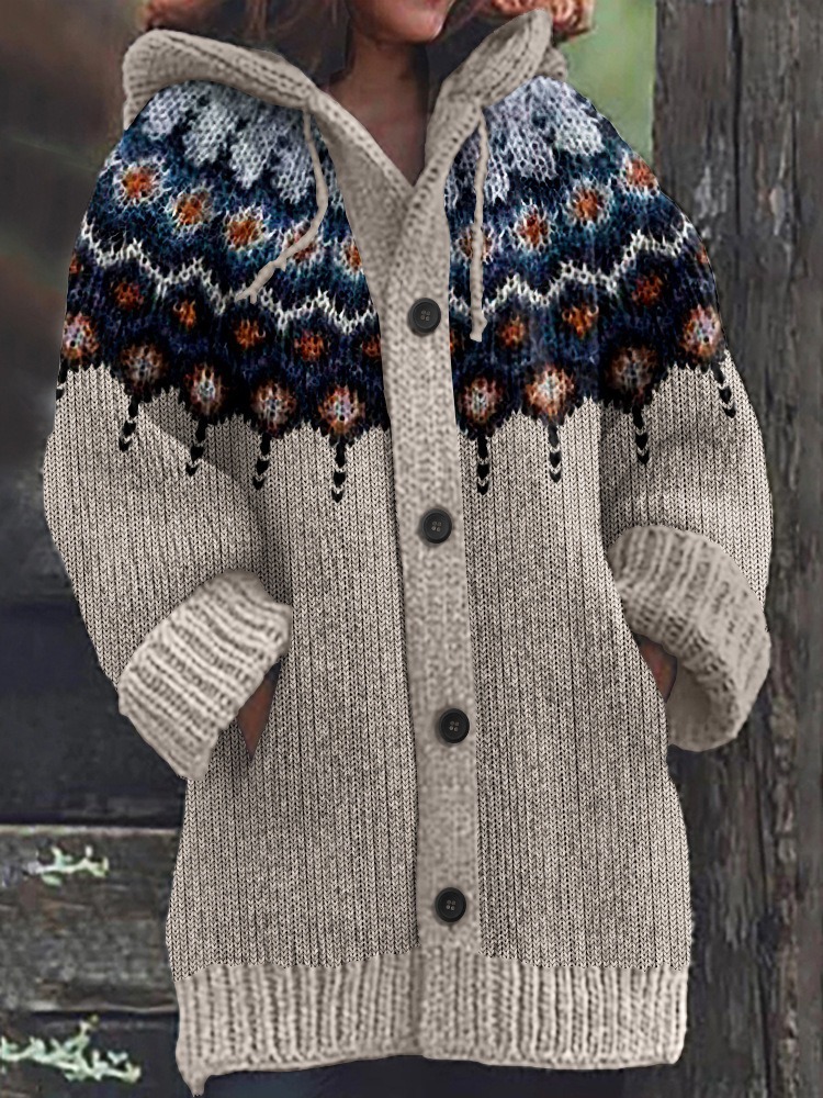 Women's Floral Leaf Print Hooded Button Cardigan Sweater
