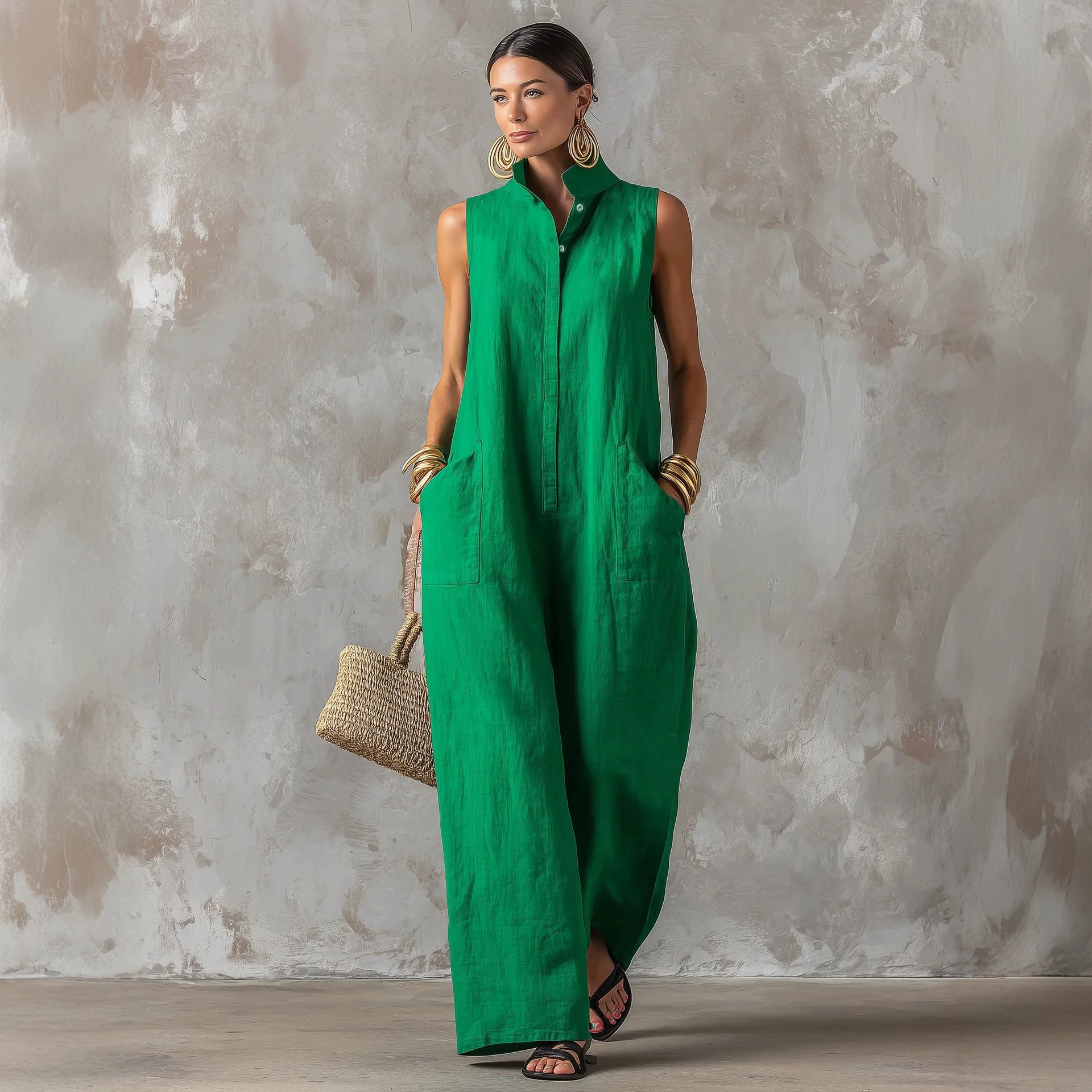 Women's Linen-Blend Sleeveless Jumpsuit with Stand Collar, Button Front, Loose Fit, Vacation Style