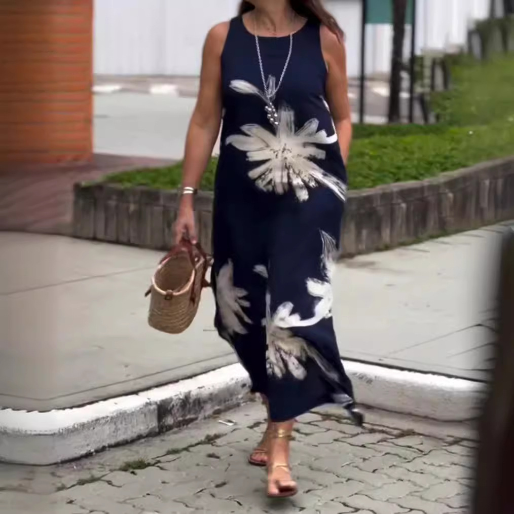 Floral Print Round Neck Sleeveless Pocket Maxi Dress