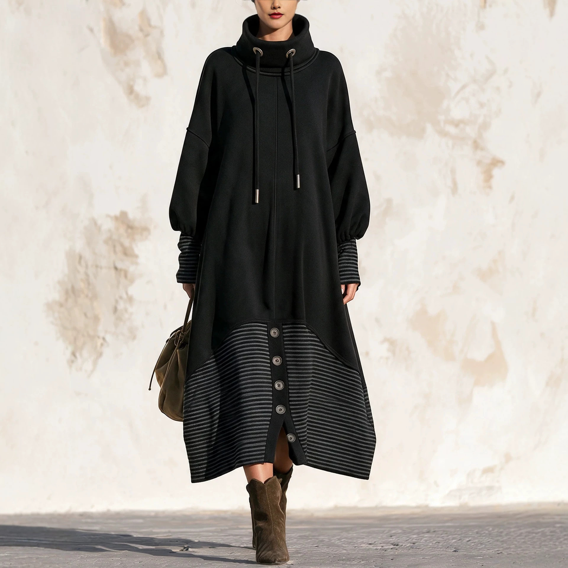 High Neck Drawstring Striped Sweatshirt Maxi Dress Puff Sleeve Button Slit