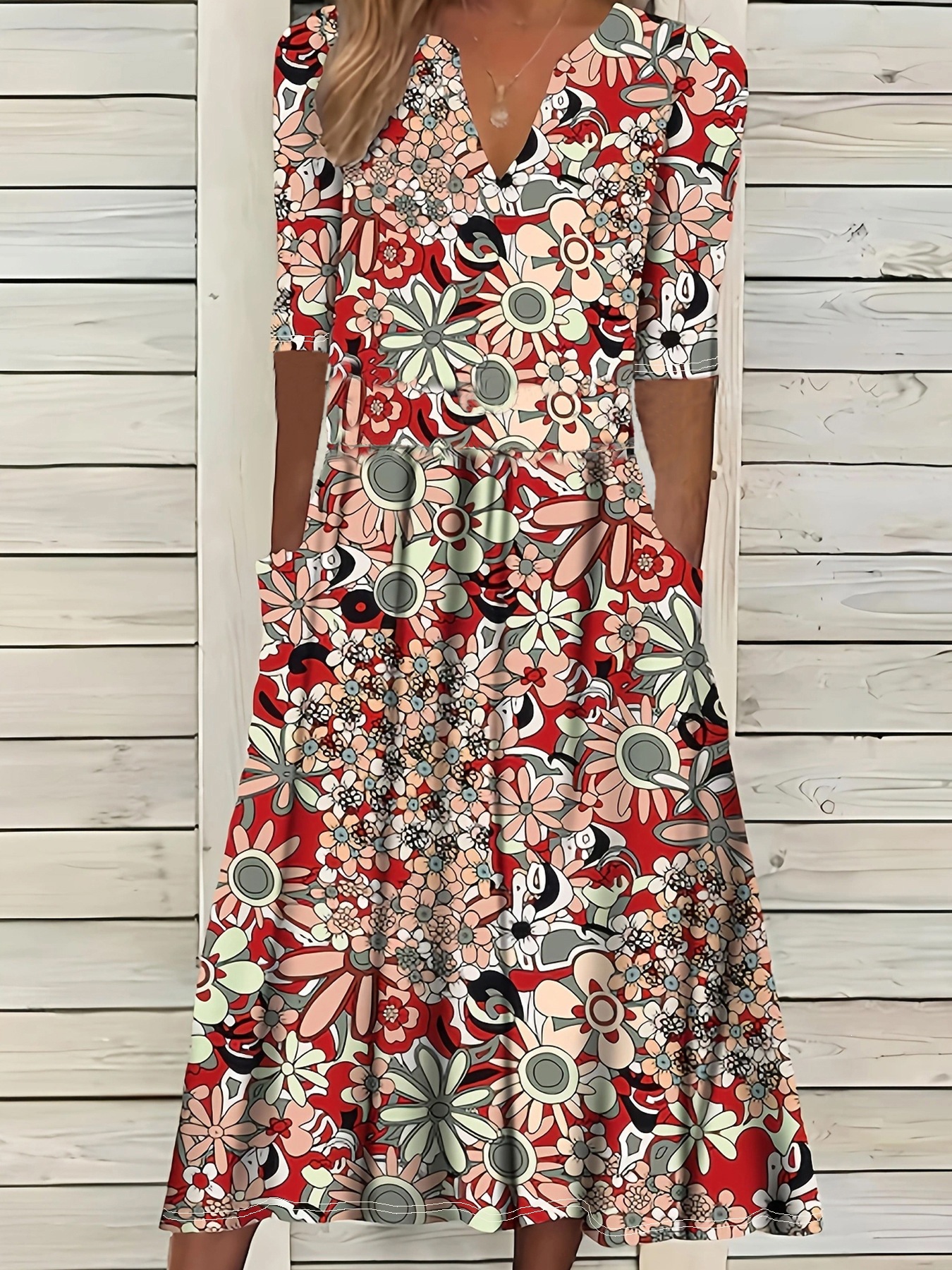 Vintage Daisy Floral Midi Dress Deep V-Neck Three-Quarter Sleeve Loose Fit