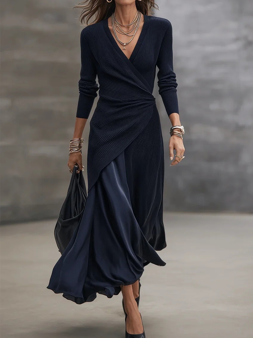 V-Neck Wrap Knit Satin Panel Maxi Dress with High Waist and Flared Skirt in Navy
