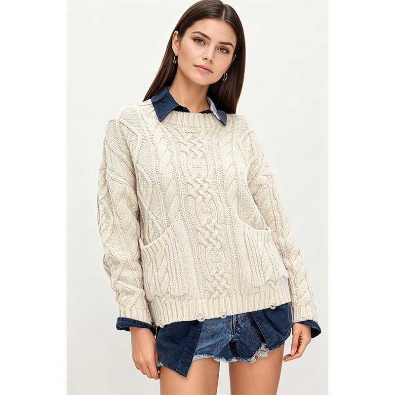 Cable-Knit Crewneck Pullover Sweater with Pockets