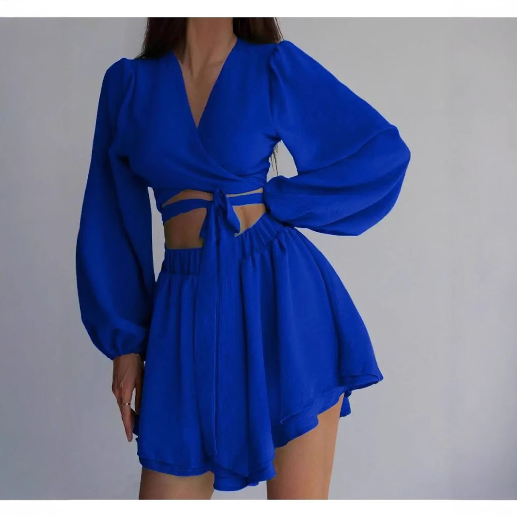 Women's Long Sleeve Belted Cardigan and Shorts Set