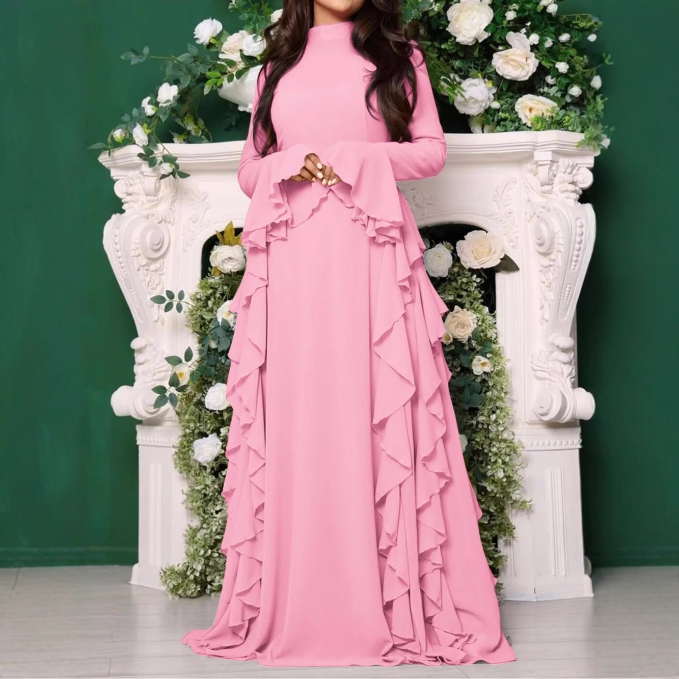 Elegant High-Waist Solid Bell-Sleeve Long Dress