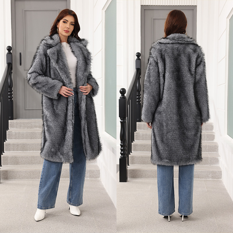 Long Faux Fur Coat with Suit Collar and Fur Trim, Thickened, Wine Red/White/Dark Gray/Brown