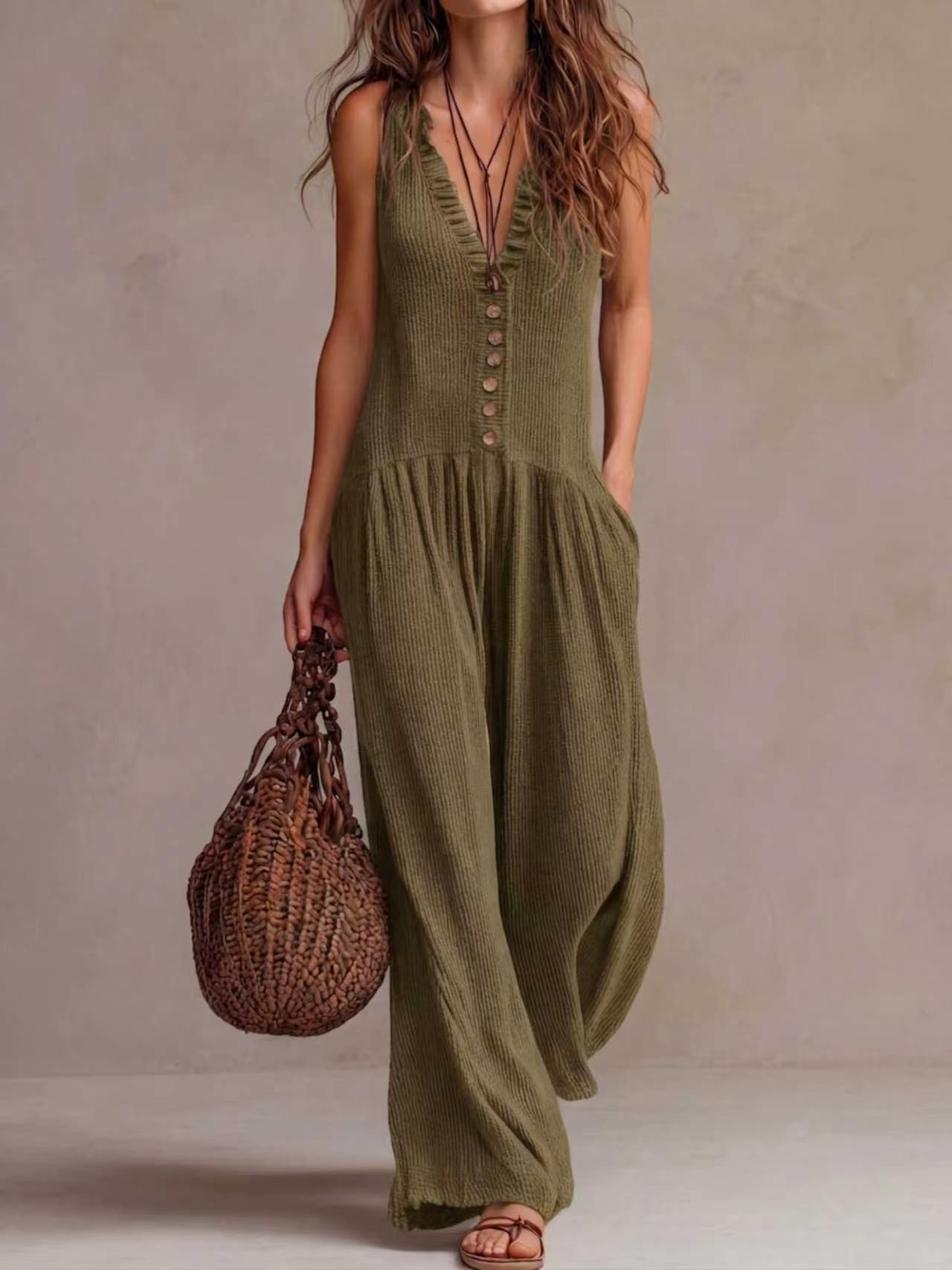 Women's Boho V-Neck Wide-Leg Jumpsuit