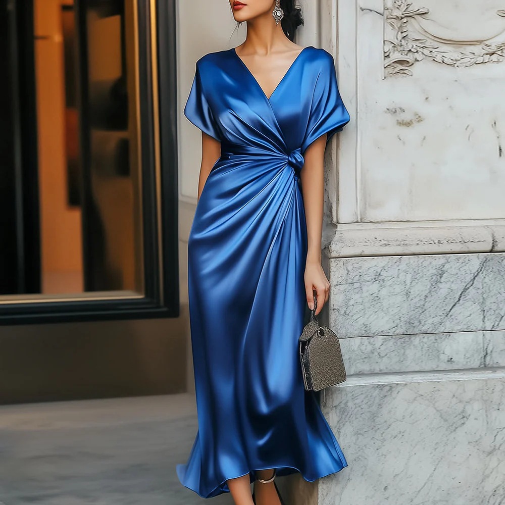 V-Neck Short Sleeve Satin Acetate Bodycon Maxi Dress