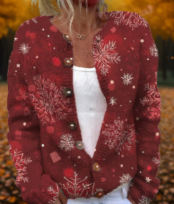 Women's Christmas Santa Print Button Cardigan Sweater