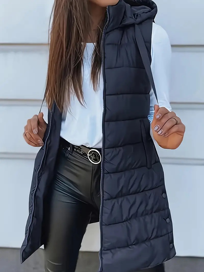 Women's Solid Hooded Zip Puffer Vest Mid-Length Plus Size