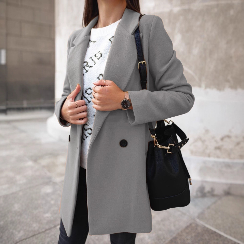 Women's Solid Color Long Sleeve Double-Breasted Blazer Collar Wool Coat