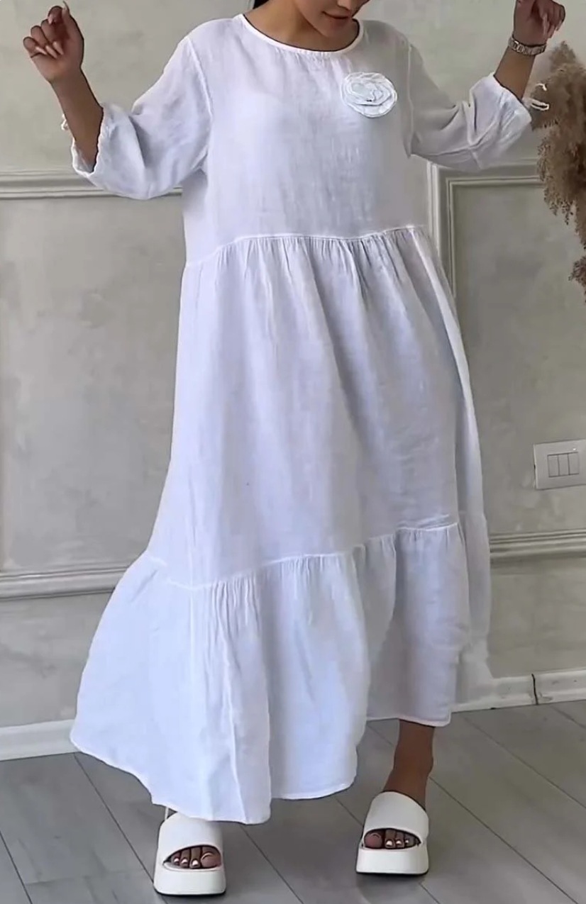 Women's Round Neck Ruched Long Sleeve Drawstring Back Tie Solid Casual Dress
