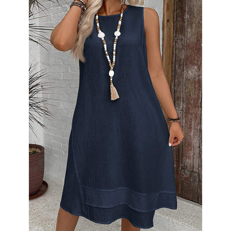 Women's Sleeveless Round Neck Solid Midi Dress with Ruffle Hem