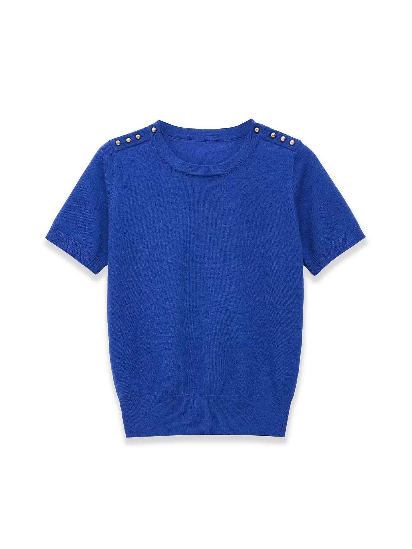 Women's Summer Short Sleeve Crewneck Knit Top with Shoulder Detail