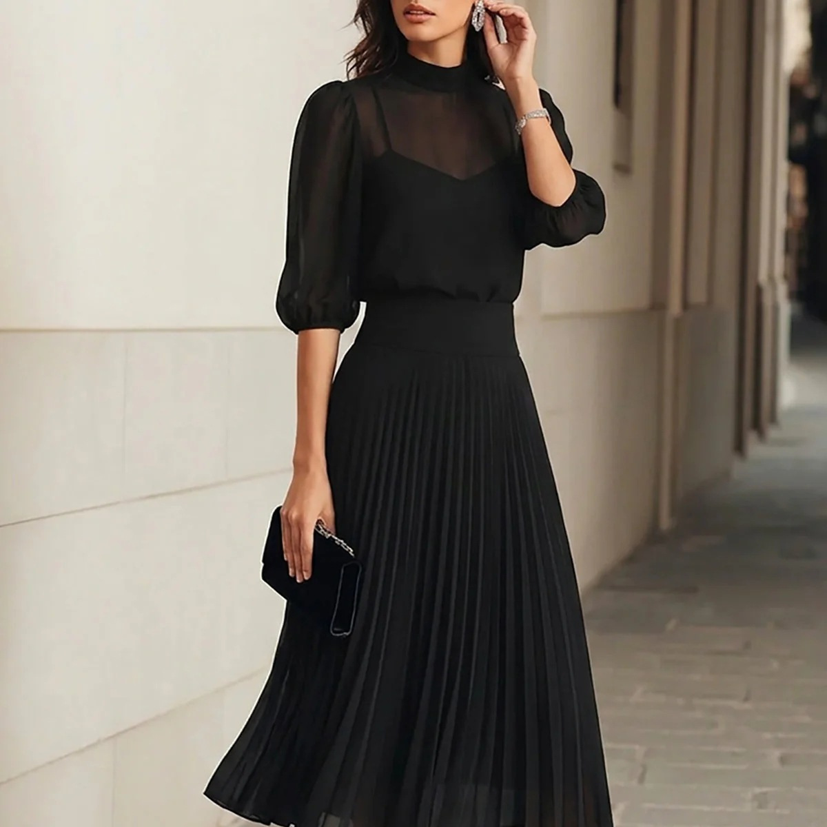 Sheer Puff-Sleeve Mock-Neck Top & High-Waist Pleated Midi Skirt Two-Piece Set