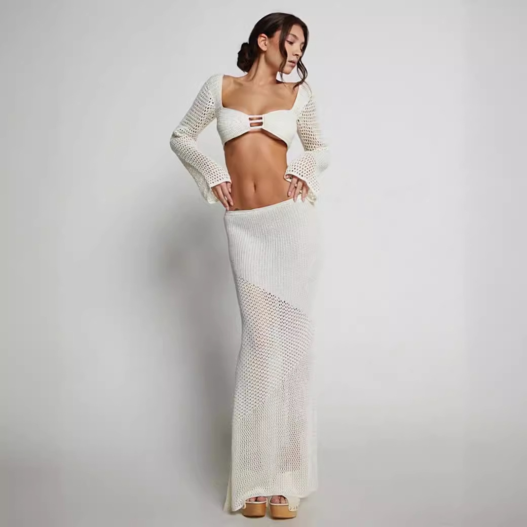 Women's Tie-Strap Long-Sleeve Bodycon Knit Midi Skirt Set