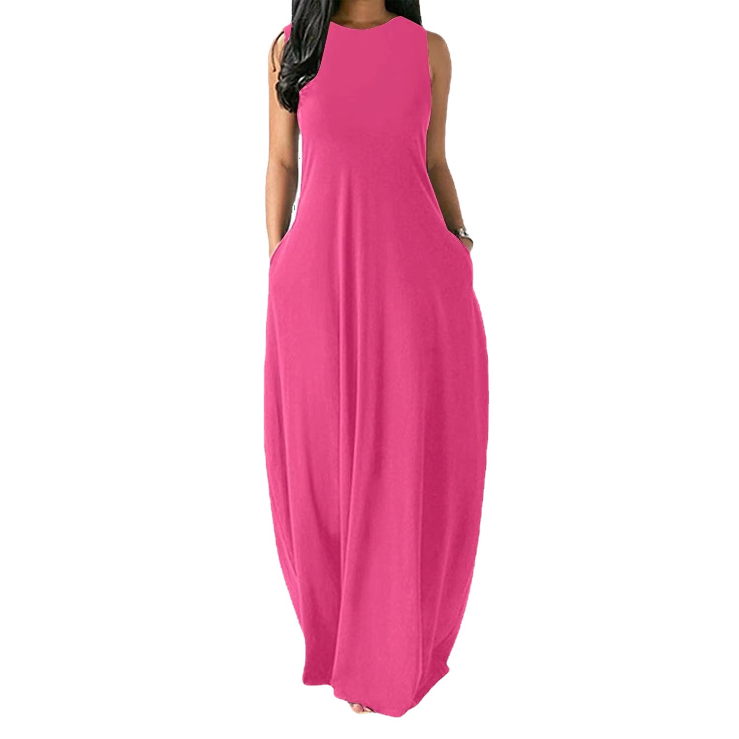 Solid Crewneck Sleeveless A-Line Midi Dress with Pockets