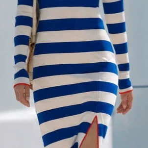 Blue and White Striped Stand Collar Half-Slit Midi Dress