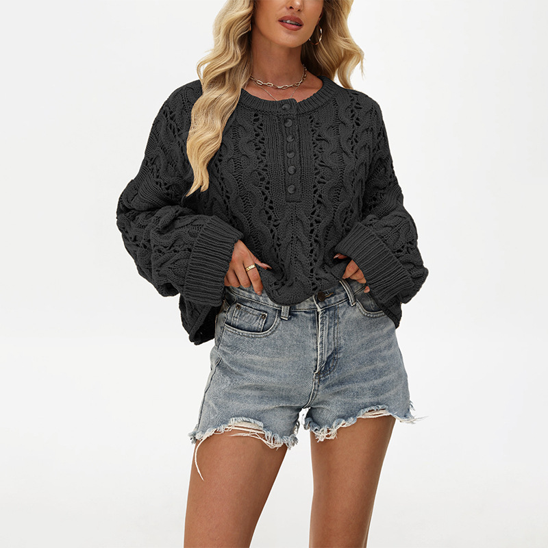 Button-Front Cable-Knit Sweater Loose Fit Solid Crew Neck Short Cardigan