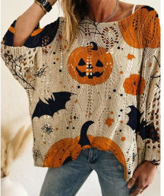 Halloween Pumpkin Crewneck Loose Fit Long Sleeve Sweater Top