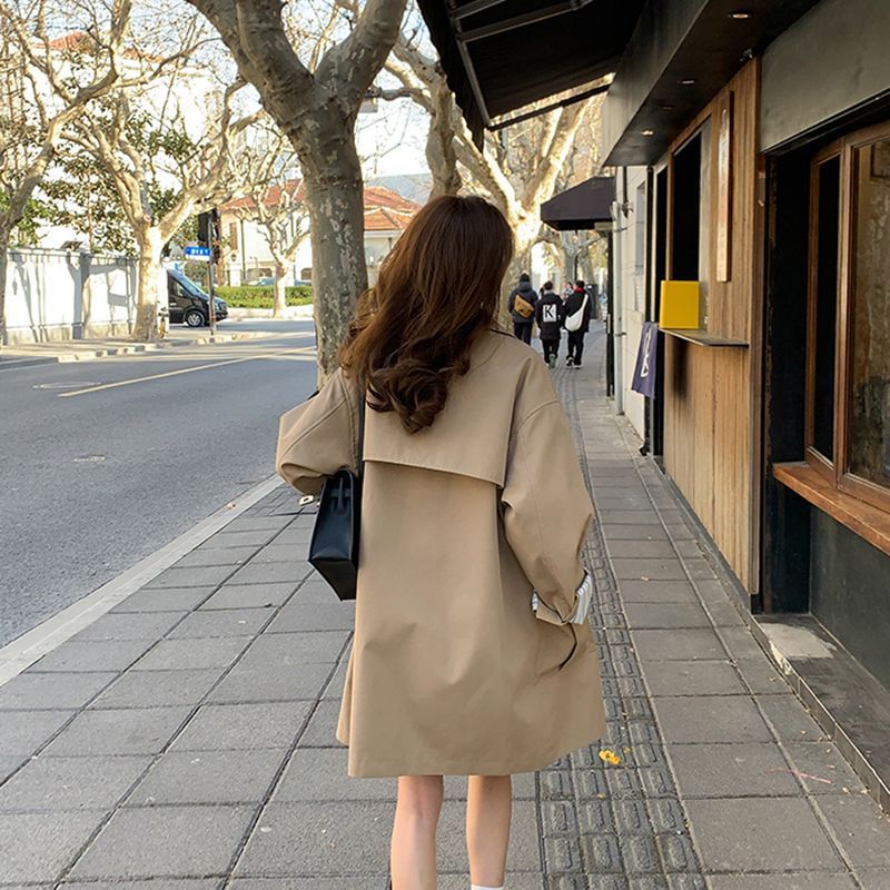 Petite Women's Mid-Length Trench Coat Striped Rolled Sleeve Single-Breasted