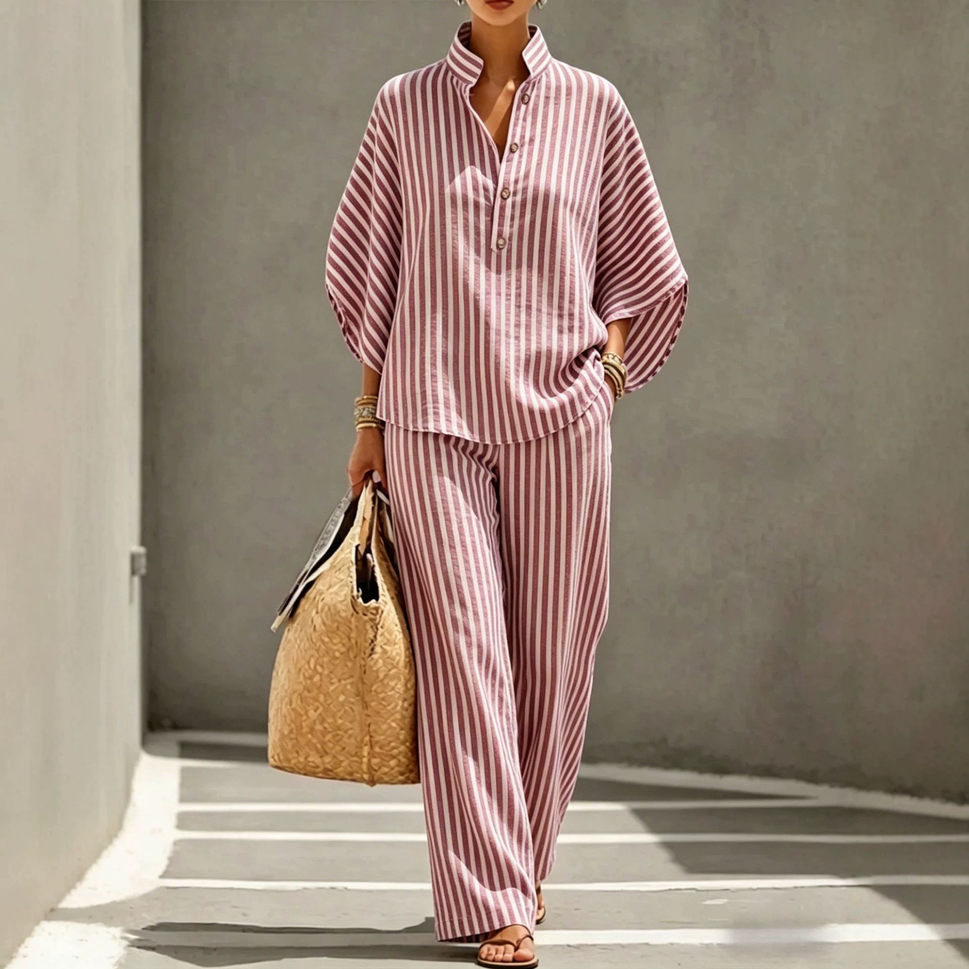 Women's Striped Shirt and Pants Set Casual Vacation Outfit