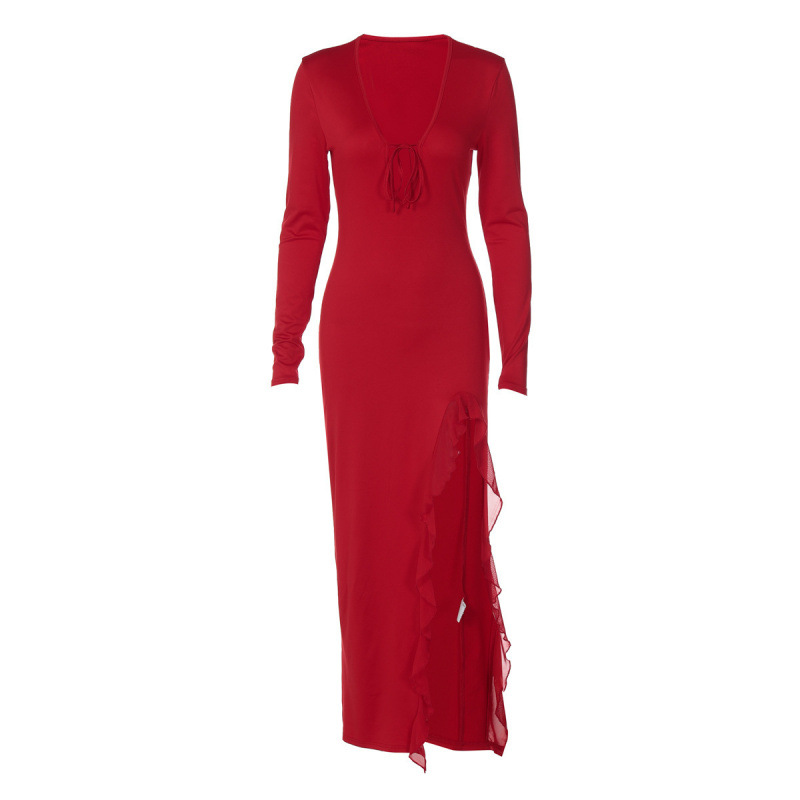 Elegant Deep V-Neck Lace-Up Slit Ruffle Long Sleeve Dress