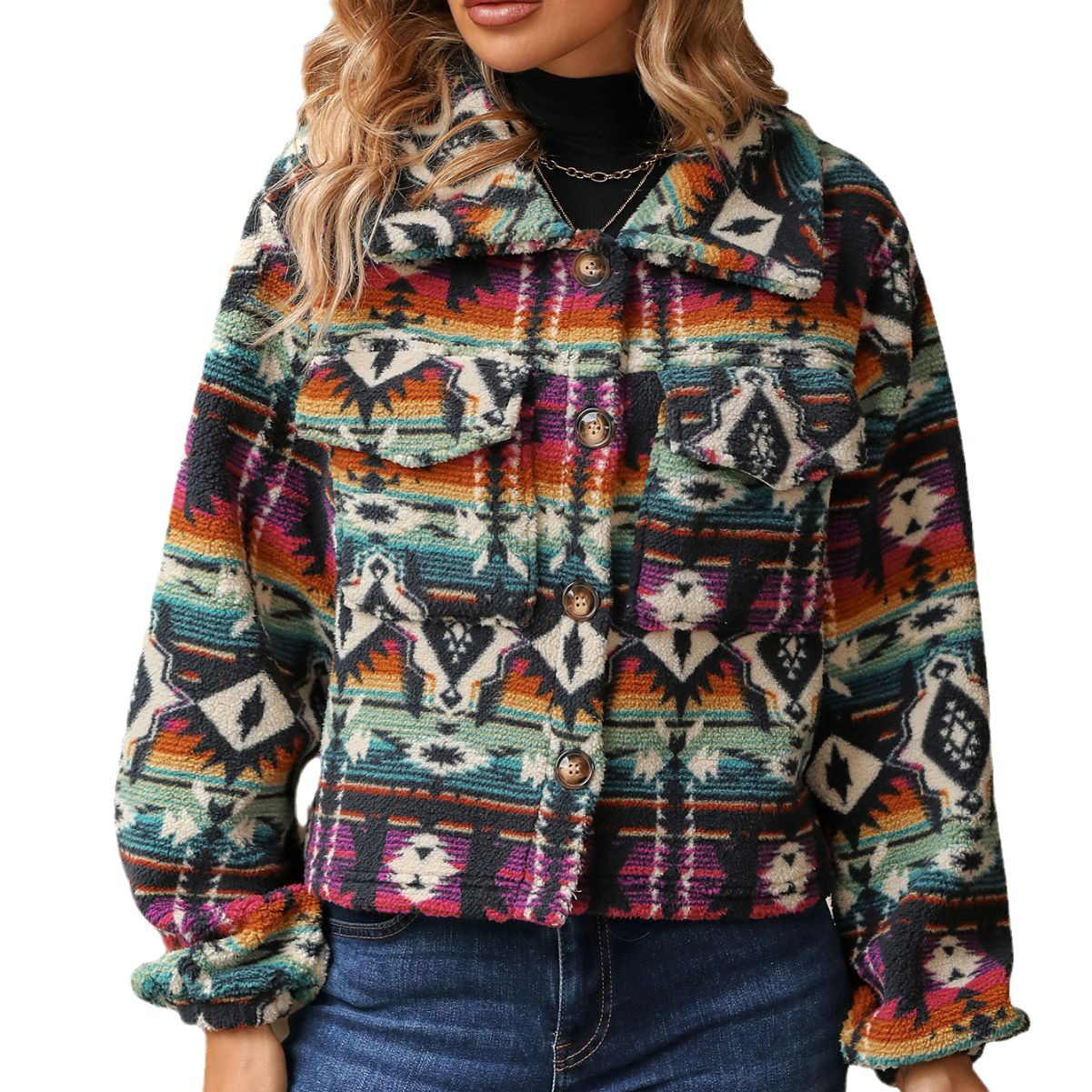 Ethnic Print Loose Long Sleeve Short Jacket for Women