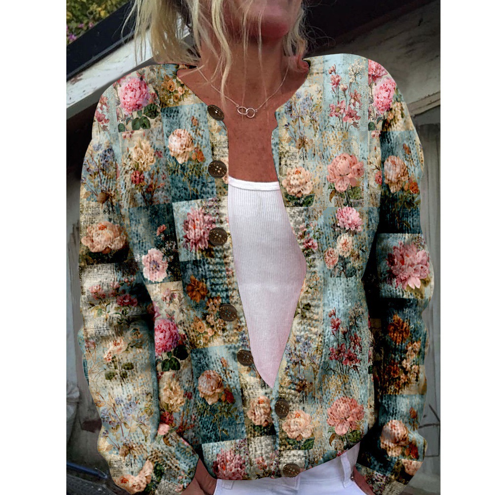 Women's Plaid Floral Print Button-Down Cardigan Sweater