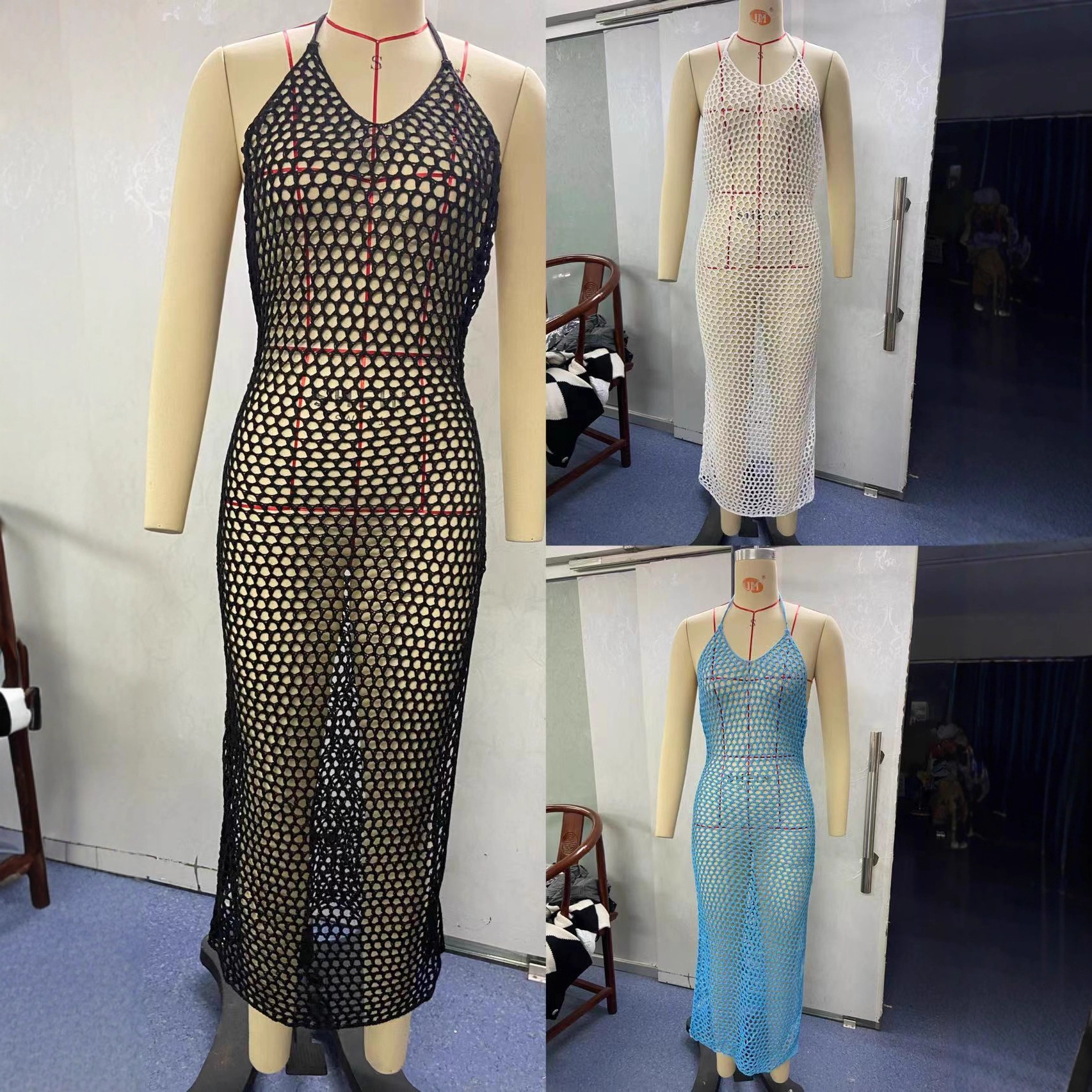 V-Neck Cutout Knit Bodycon Maxi Dress with Backless Design and Slit