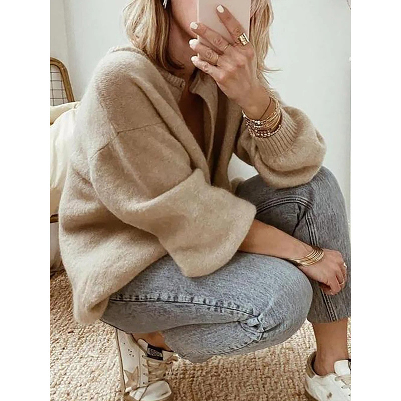 Women's Lantern Sleeve Knit Cardigan Sweater Plus Size