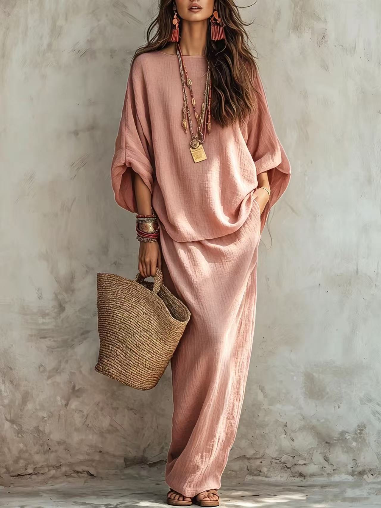 Women's Solid Color Long Skirt Two-Piece Set Casual Loose Fit